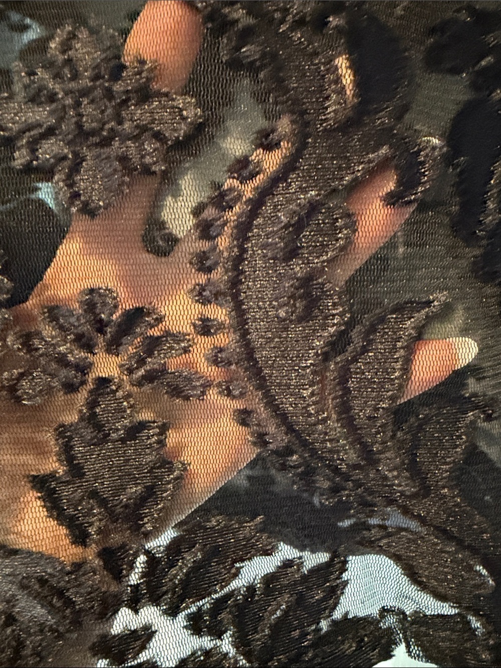 Black Flocked Lace Mock Neck Long Sleeve Top Size XS - Picture 2 of 5